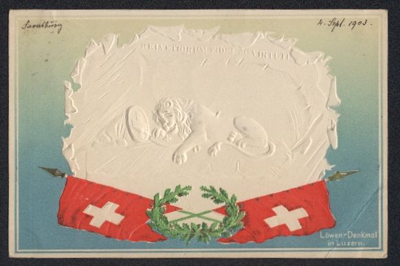 Cartoline postali: Litho Luzern, Löwen-Denkmal, Kranz mit  – Usato da Berlin venduto da bartko-reher
