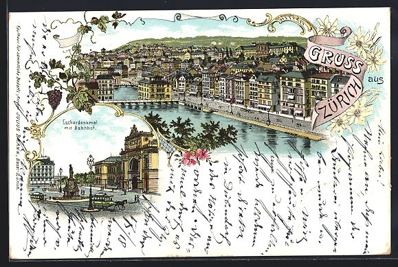 Cartoline postali: Litho Zürich, Escherdenkmal mit Bahnhof – Usato da Berlin venduto da bartko-reher