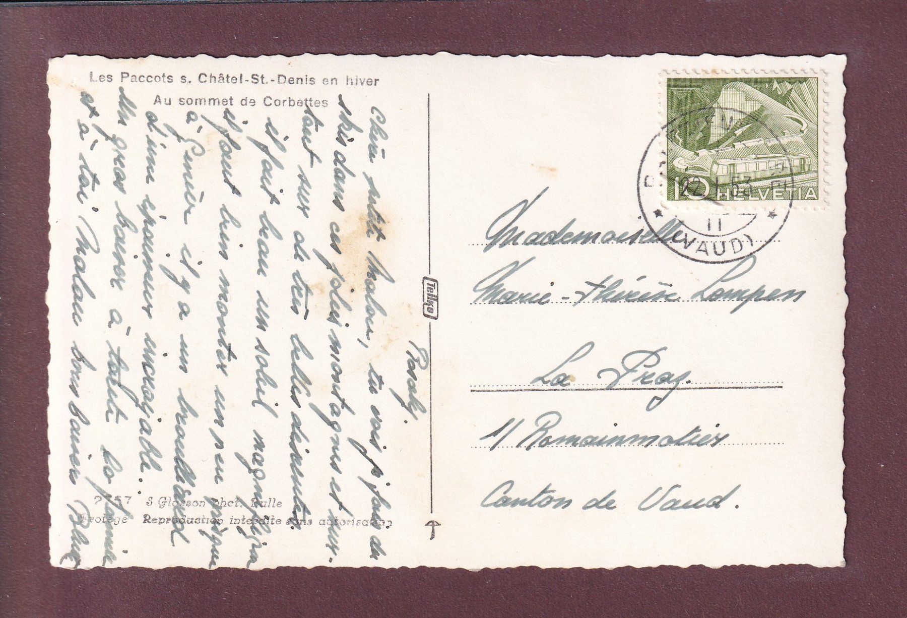 Cartes postales: LES PACCOTS - Sommet de Corbettes - 1953 – D'occasion à Pully par nicecards 1