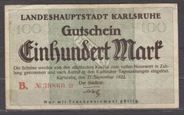 Karlsruhe 100 Mark 21.09.1923 SS++ Serie B