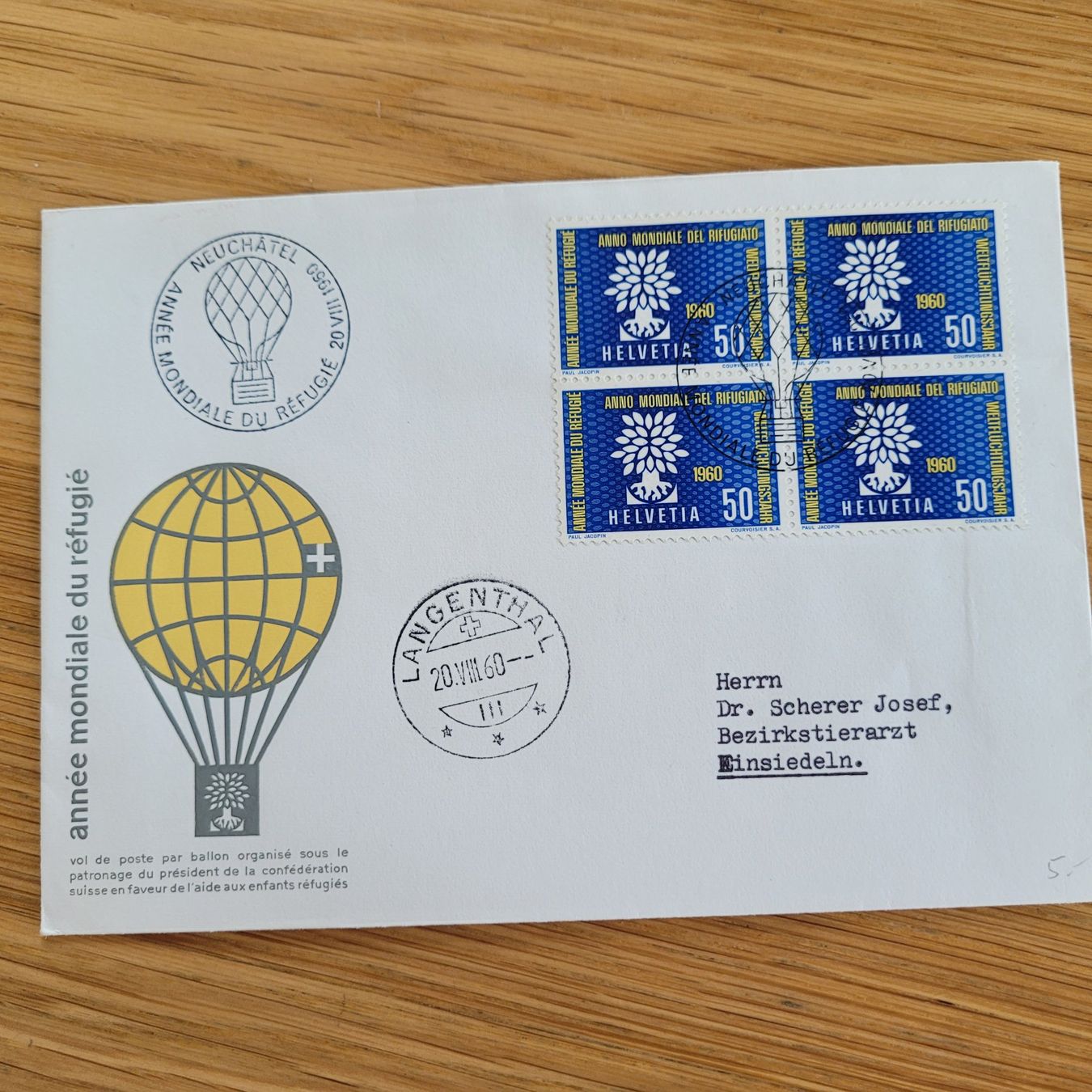 Alle Briefmarken: Ballon Flug Neuchâtel 1960 Langenthal – Gebraucht aus Biel/Bienne von Destockweb