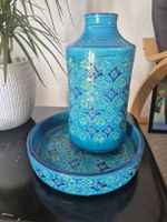 Bitossi Vase mit Schale Keramik blau gemustert Italien 2-tei