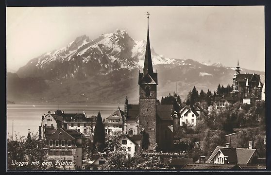 Cartoline postali: Weggis, Teilansicht mit Kirche und Pilat – Usato da Berlin venduto da bartko-reher