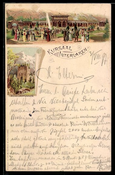 Cartoline postali: Litho Interlaken, Kursaal und Ruine Unsp – Usato da Berlin venduto da bartko-reher