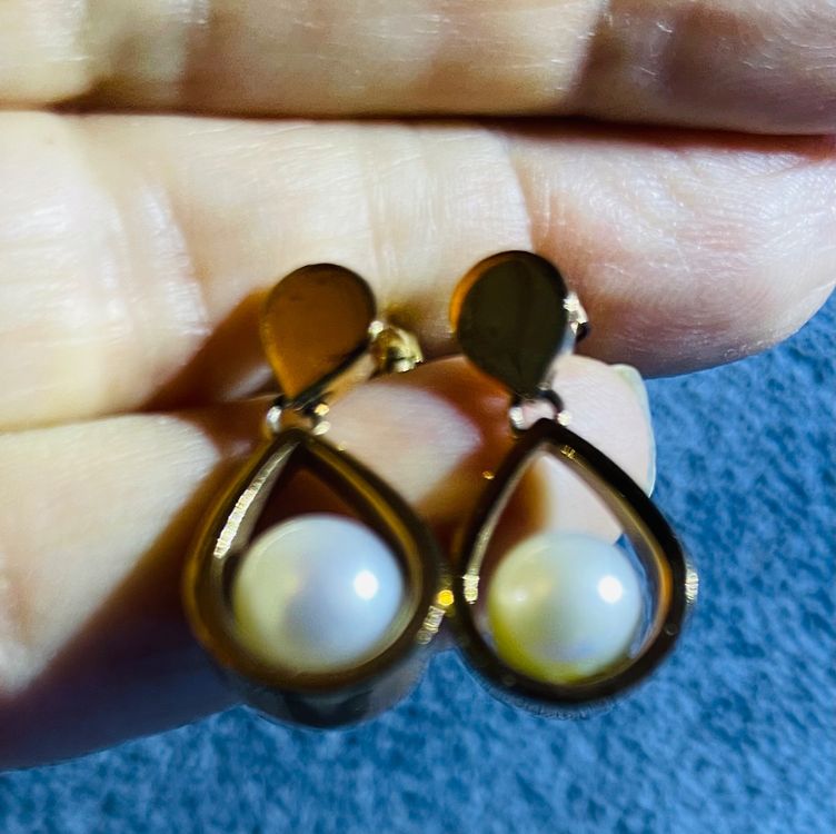 Ohrringe, Stecker,  goldfarbig, ca. 80er Jahre, echte Perle 3