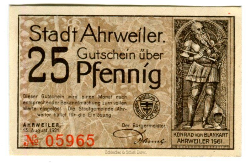 Banconote: Notgeld "25 Pfennig. Ahrweiler 1921" – Usato da Basel venduto da Butsch5