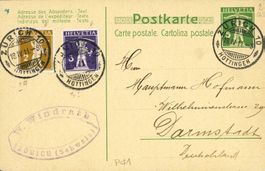 1911: 5 Rp. Postkarte, Tellknabe Dreifarben-Frankatur