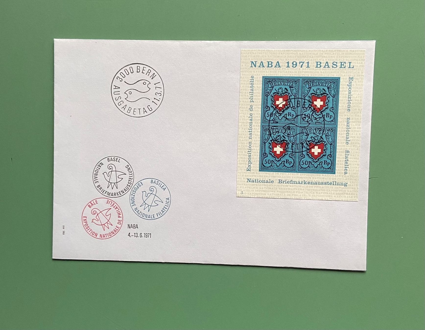 Tutti i francobolli: NABA Basel 1971, Couvert Ersttagsbrief, Nummer 3 – Nuovo (secondo la descrizione) da Münchringen venduto da Hegelime-38