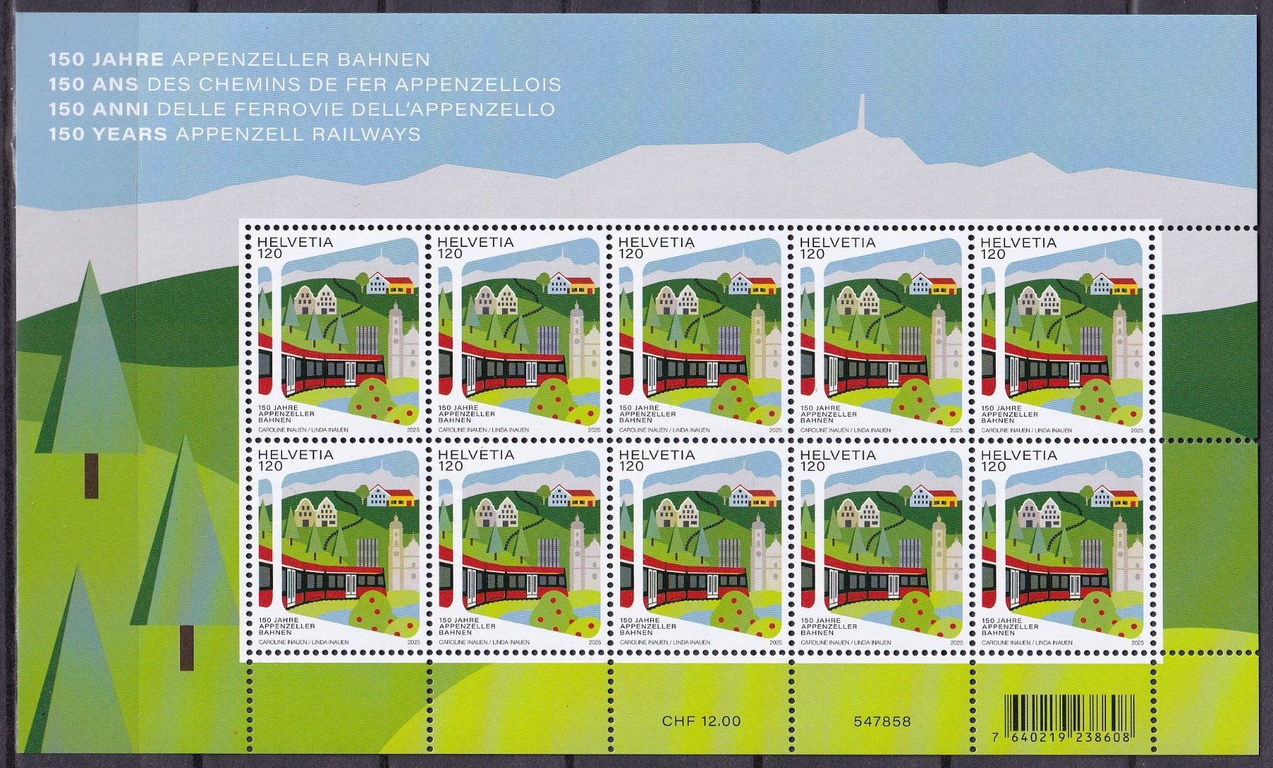 Tutti i francobolli: Kleinbogen 150 Jahre Appenzeller Bahnen - postfrisch ** – Nuovo e nell'imballaggio originale da Lausen venduto da Mondeo10628
