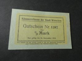 Dt. Reich 1914, Kämmereikasse Stadt Wreschen 1/2 Mark