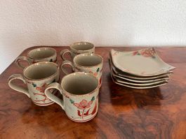 Japanisches Kaffeeservice, handbemalt, Craquelé-Glasur
