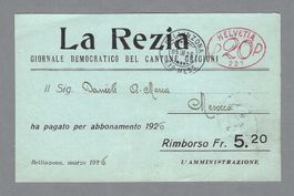 1926, LA REZIA; GIORNALE DEMOCRATICO DEL CANTON GRIGIONI