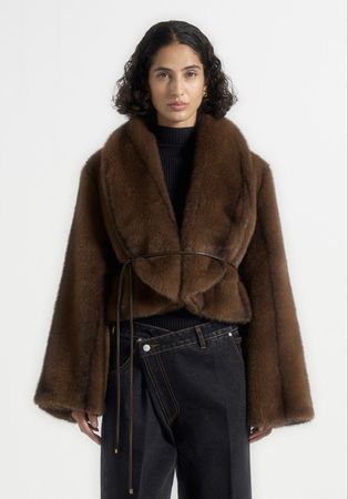 Nola in Brown Fur Jacket with Leather Belt