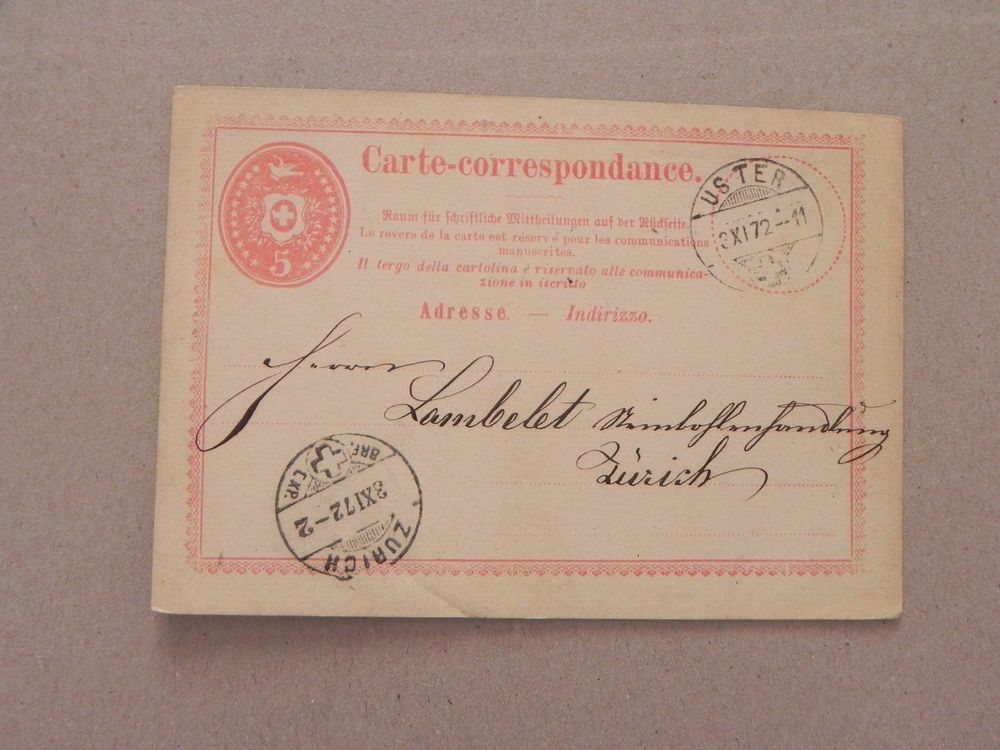 Karte Correspondance Ganzsache Uster ZH 1872 Handlung Zürich Kaufen