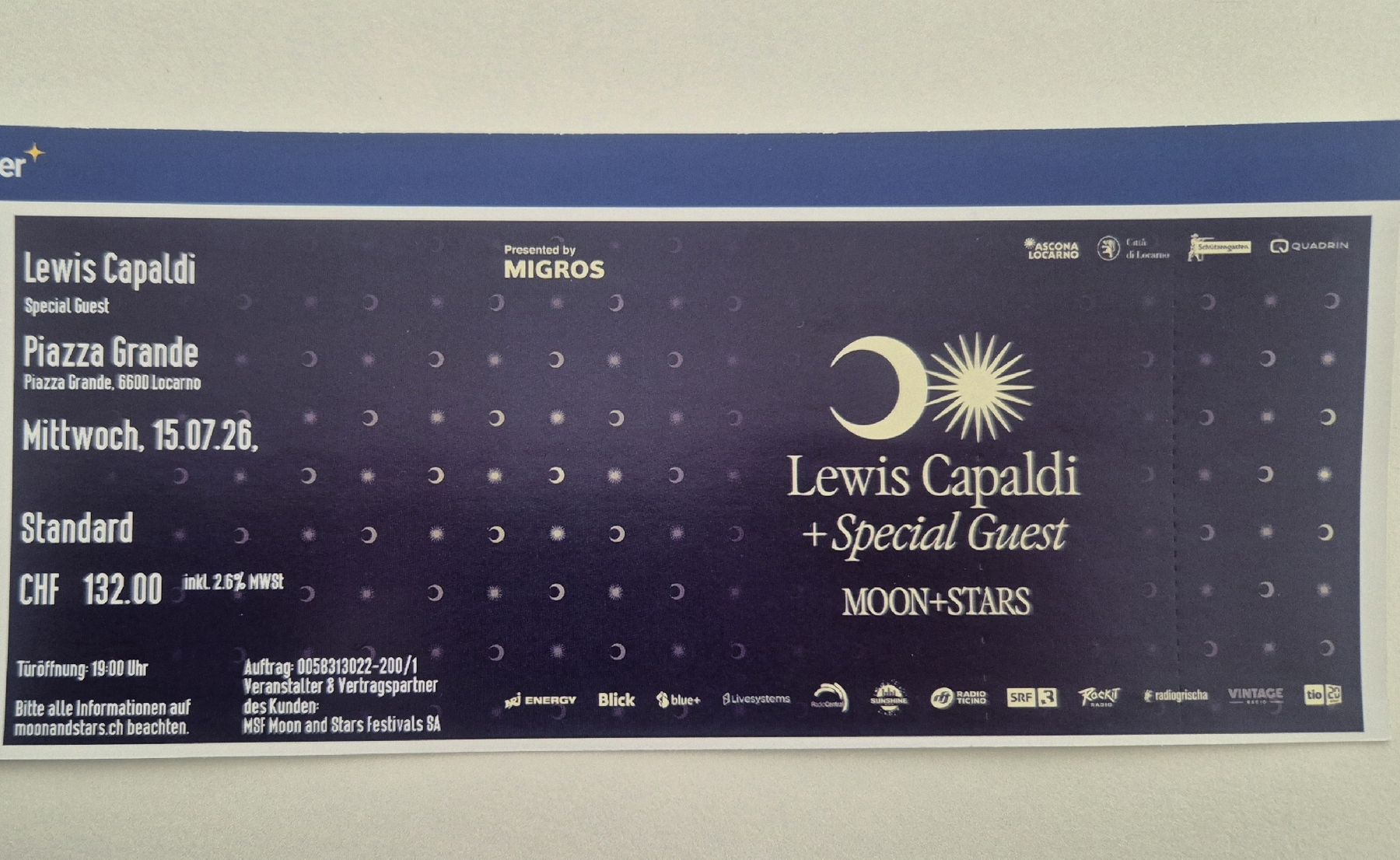 Biglietti: Moon+Stars Locarno 15.07.26 – Nuovo e nell'imballaggio originale da Weinfelden venduto da ele_57l7 2