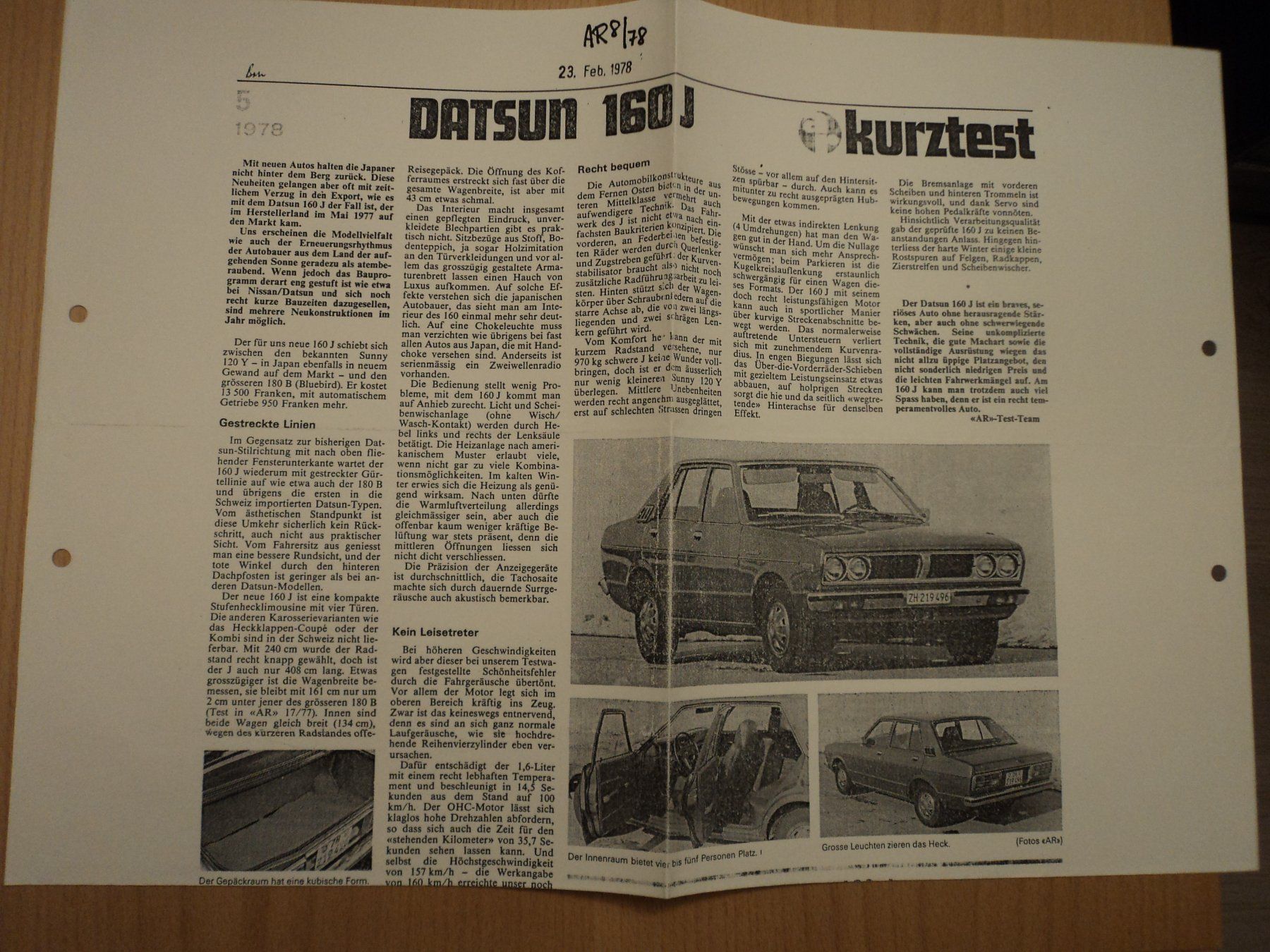Datsun Documenti: Prospekt Test AR Datsun 160J von 1978 – Usato da Schwarzenburg venduto da modelCARama
