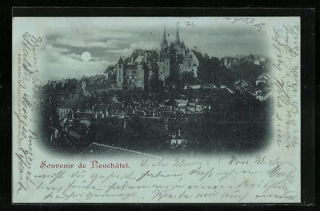 Cartoline postali: Mondschein-AK Neuchâtel, Teilansicht – Usato da Berlin venduto da bartko-reher
