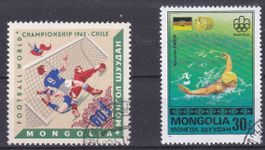 2 timbres Mongolie 1962  sport football/natation obl.