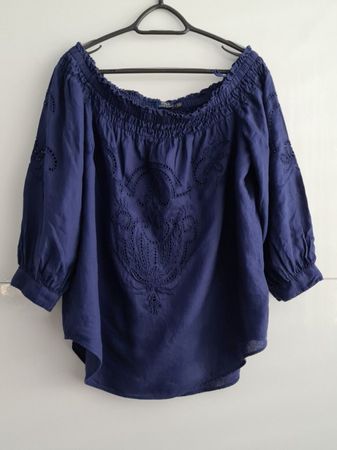 Polo Ralph Lauren Bluse blau mit Stickerei, schulterfrei, L