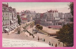 Lausanne gel 1905 Place Bel Air et Grand Pont mit Tram