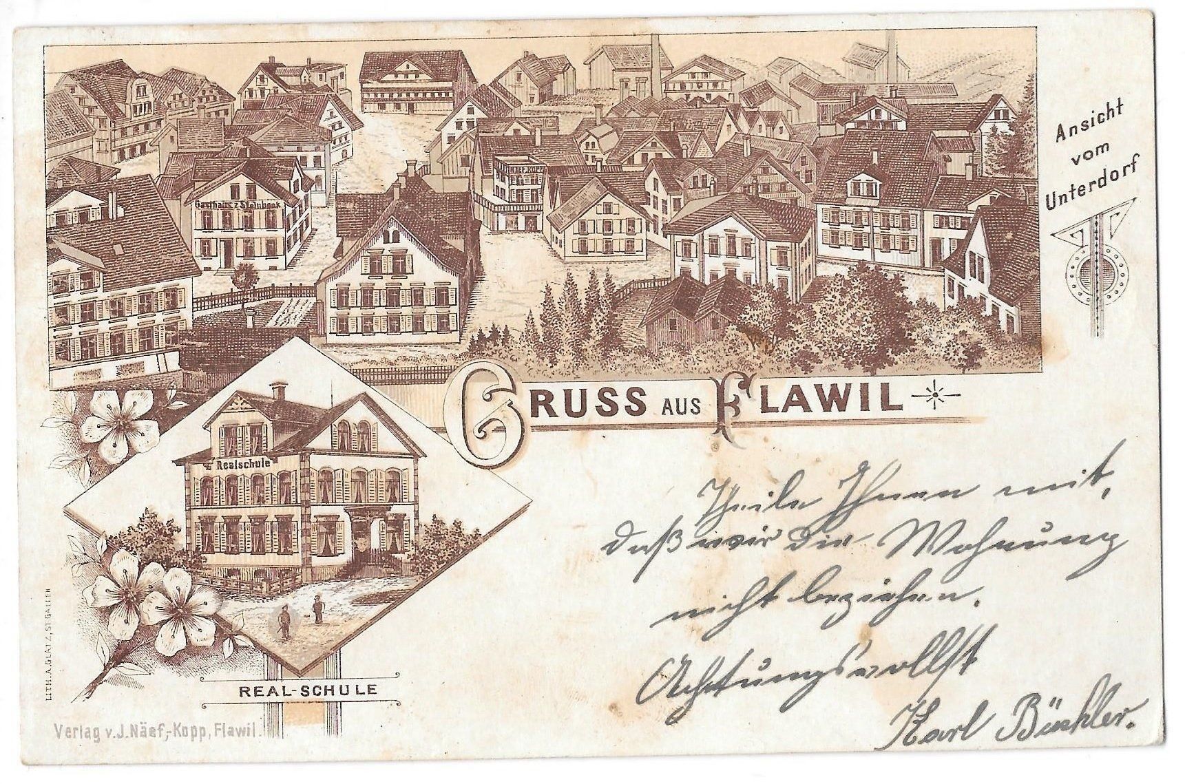Cartoline postali: Flawil Unterdorf Realschule Lithografie – Usato da Olten venduto da clotaldi