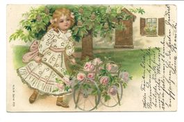 Mädchen transportiert Rosen - tolle Präge-Litho - 1904