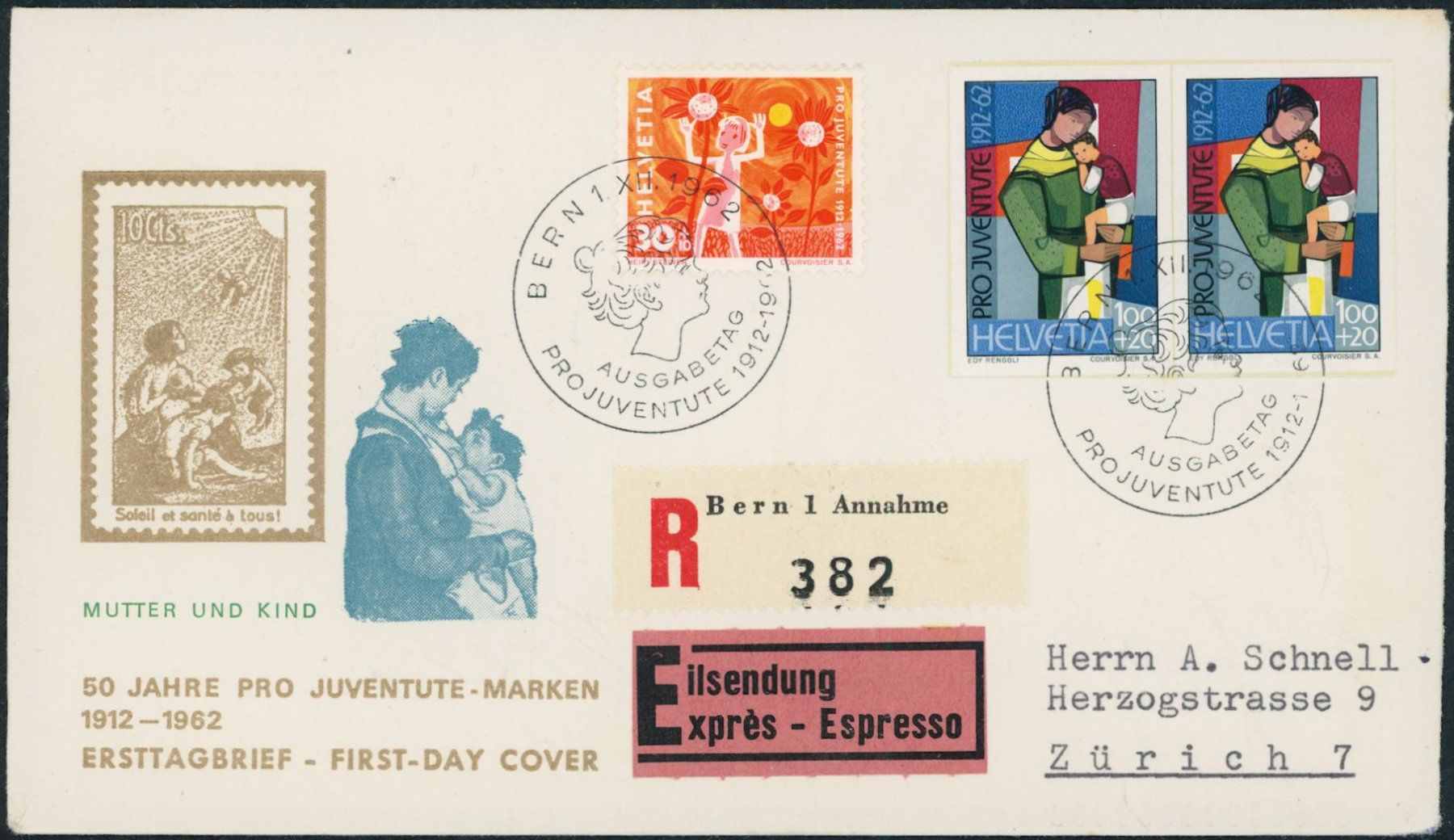 Tutti i francobolli: 1962 - Pro Juventute - Blockausschnitte - Ersttagsbrief FDC – Usato da Schindellegi venduto da leecollect