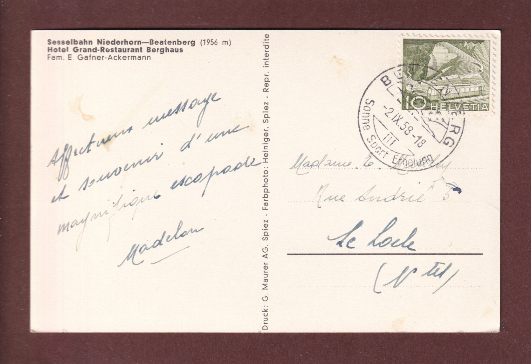 Cartoline postali: Sesselbahn NIEDERHORN-BEATENBERG - 1958 – Usato da Pully venduto da nicecards 1