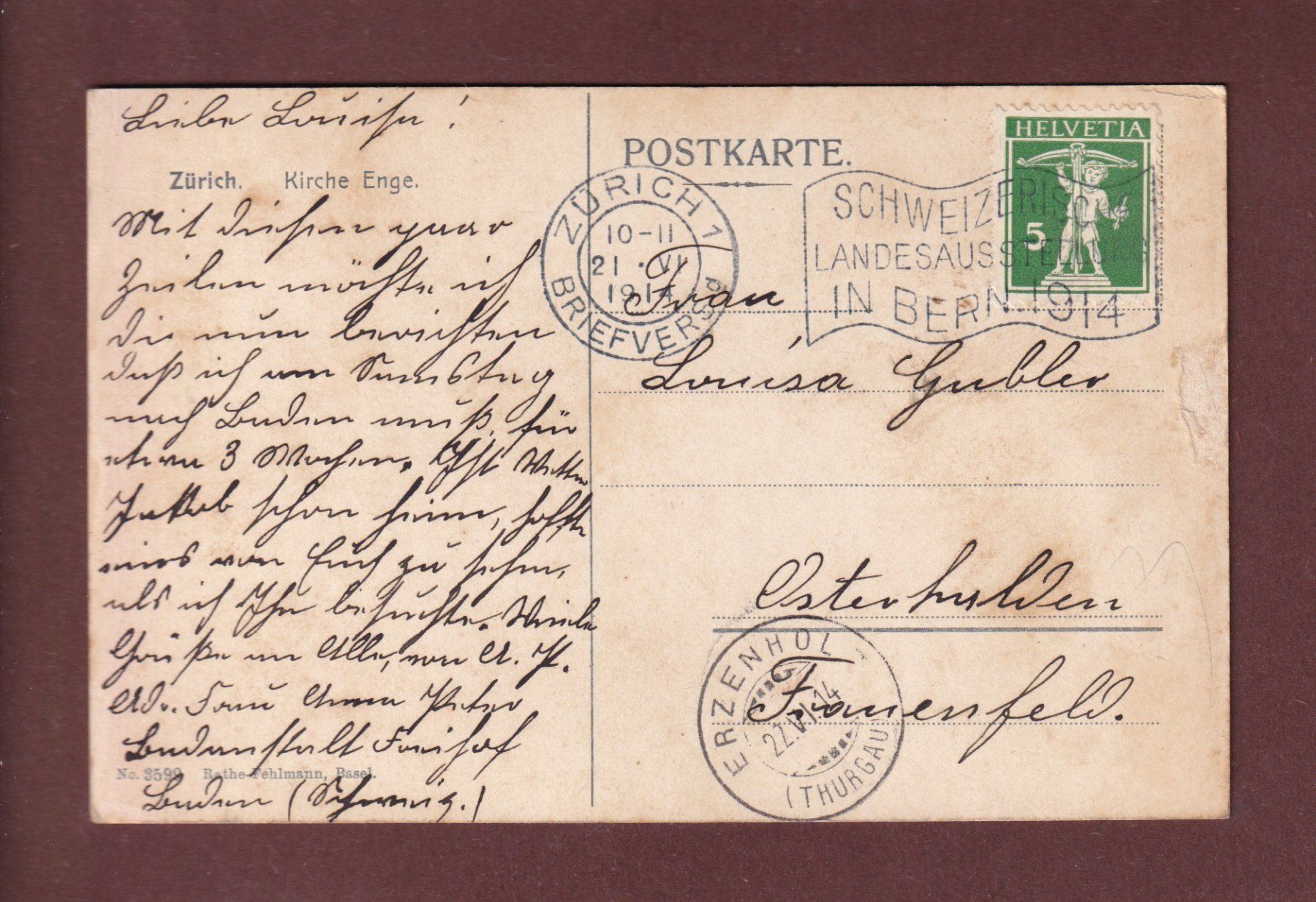 Cartoline postali: ZÜRICH - Kirche Enge - 1914 – Usato da Pully venduto da nicecards-shop 1