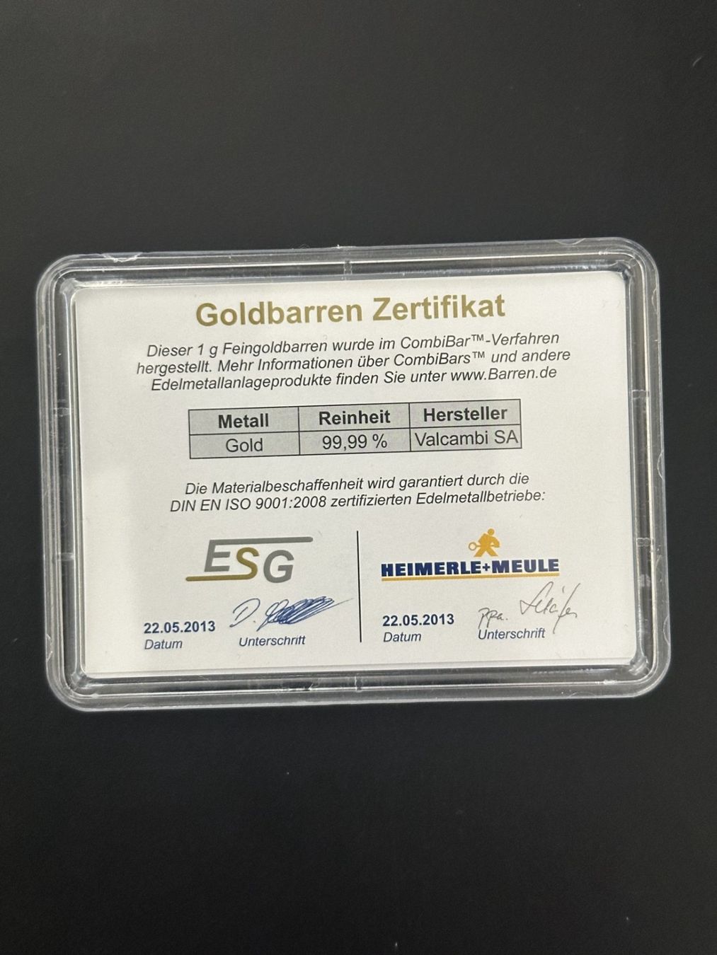 Edelmetalle: Goldbarren 1g Heimerle+Meule – Neu und originalverpackt aus Untersiggenthal von byiggy 1