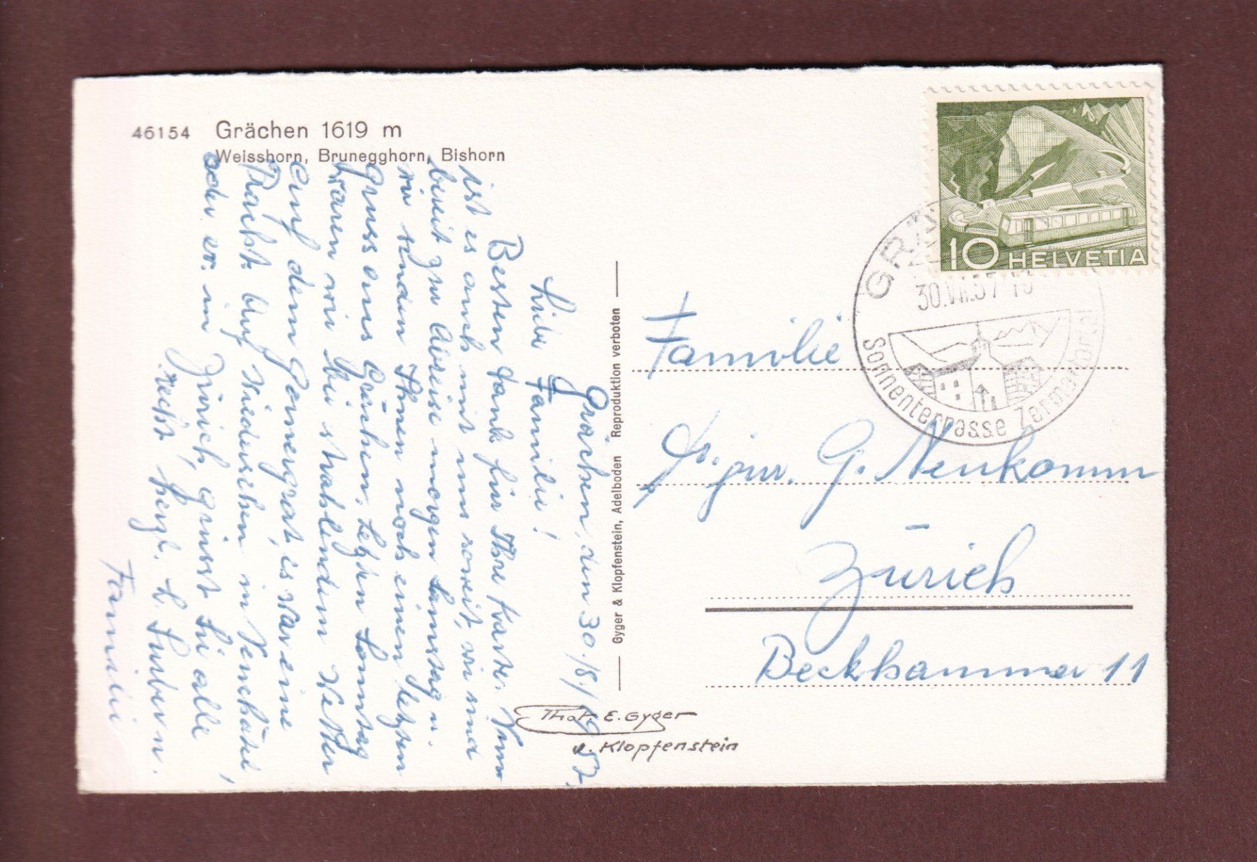 Cartoline postali: GRÄCHEN - Teilansicht - 1957 – Usato da Pully venduto da nicecards 1