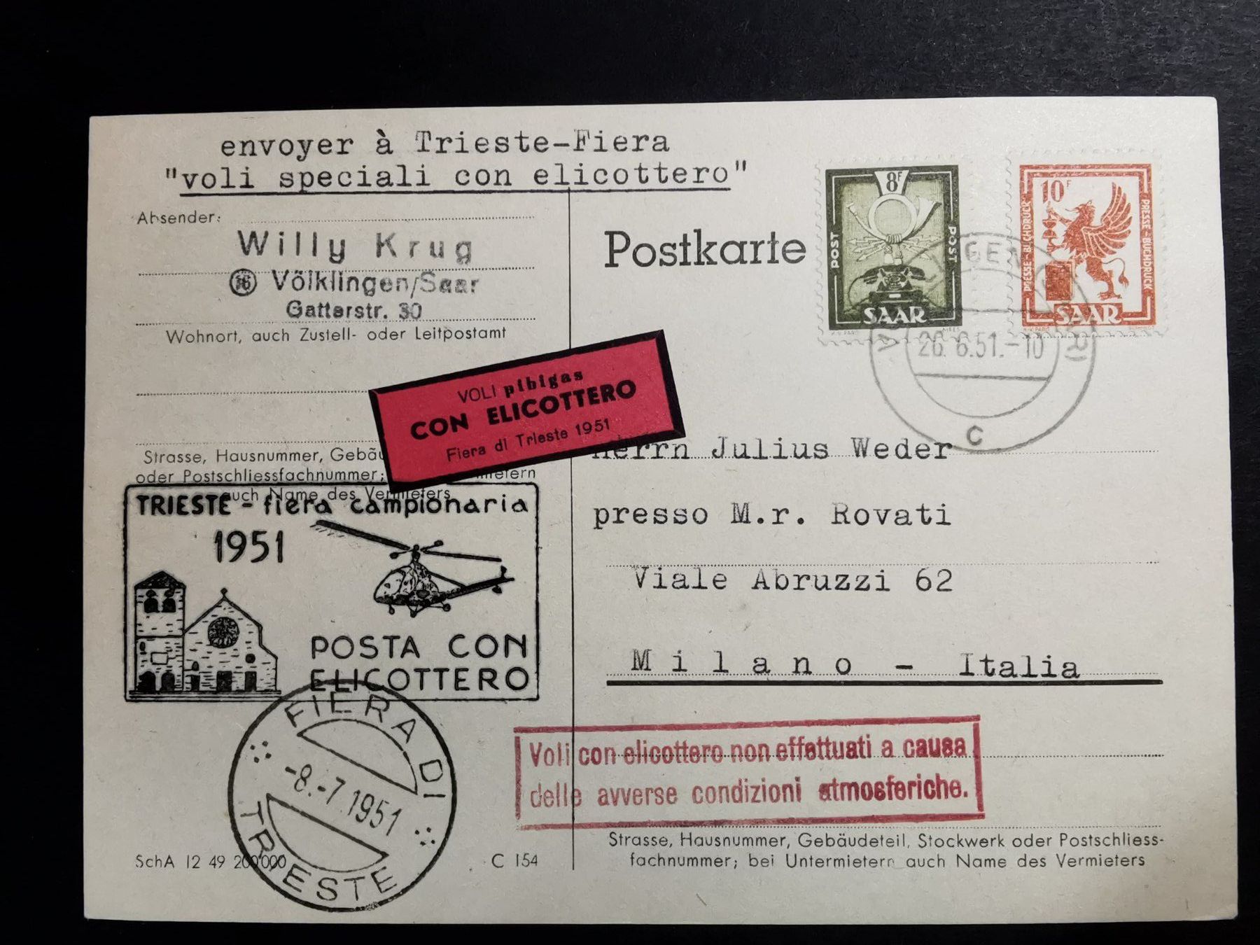 Documenti: Flugpost  Helikopterpost  1951  Triest  Saar  Milano – Usato da Rheineck venduto da kat_7gld