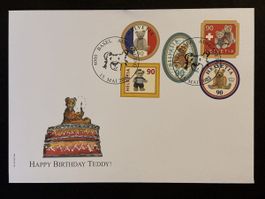 Enveloppe Thème Teddy Bear Anniversaire avec timbres Suisse
