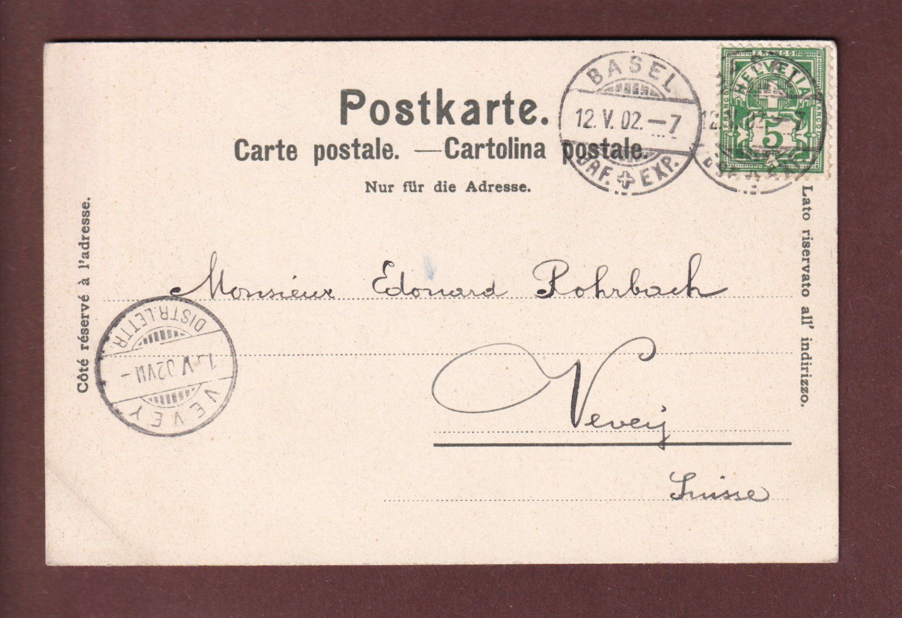 Cartoline postali: BASEL - Bei der alten Rheinbrücke - 1902 – Usato da Pully venduto da nicecards 1