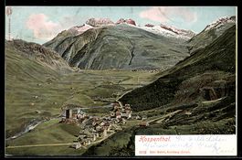 AK Hospenthal, Ort im Tal und Berglandschaft