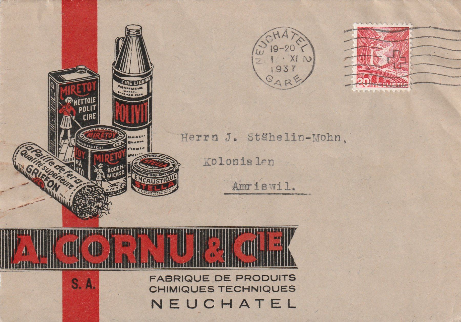 Tutti i francobolli: Neuchatel-Briefteilvorderseite mit Werbung-1937 – Usato da uttwil venduto da Koehlerfred