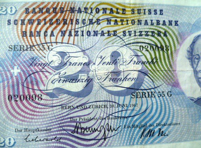 Banknoten: 20 Fr. Banknote Jg. 1967 – Gebraucht aus Effretikon von Heimstudio 1