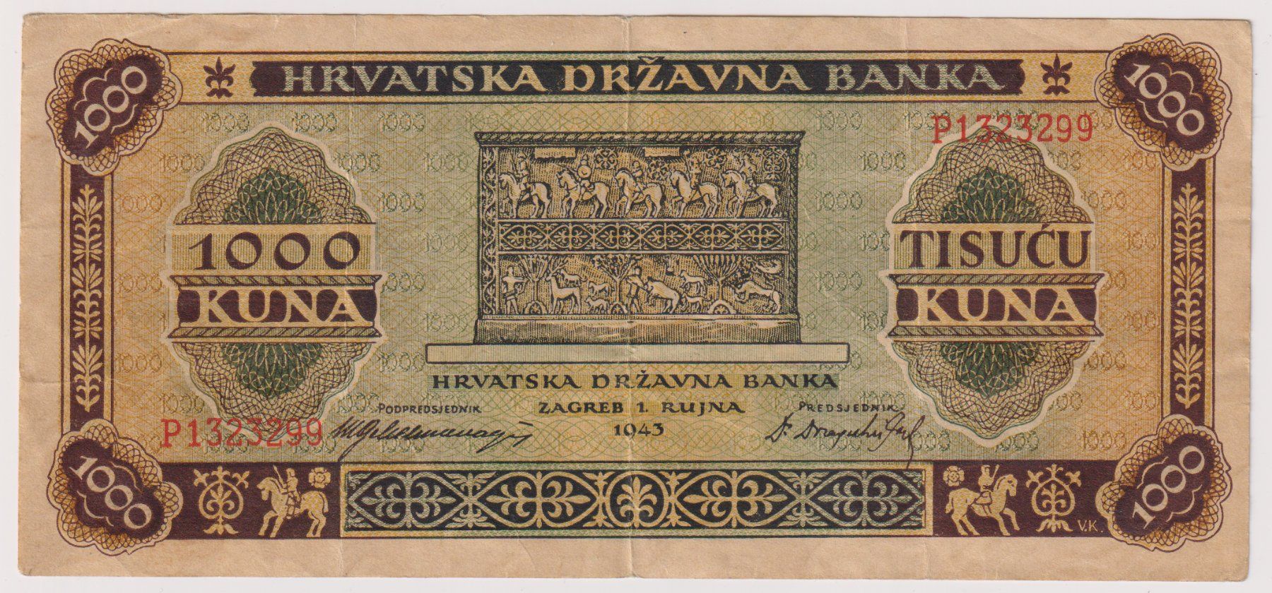 Banconote: Kroatien: Banknote 1000 Kuna 1943 – Usato da Eschlikon TG venduto da PhilCon