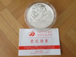 Panda Münze 1989 Proof PP 50 Yuan/5 OZ Silber mit Zertifikat