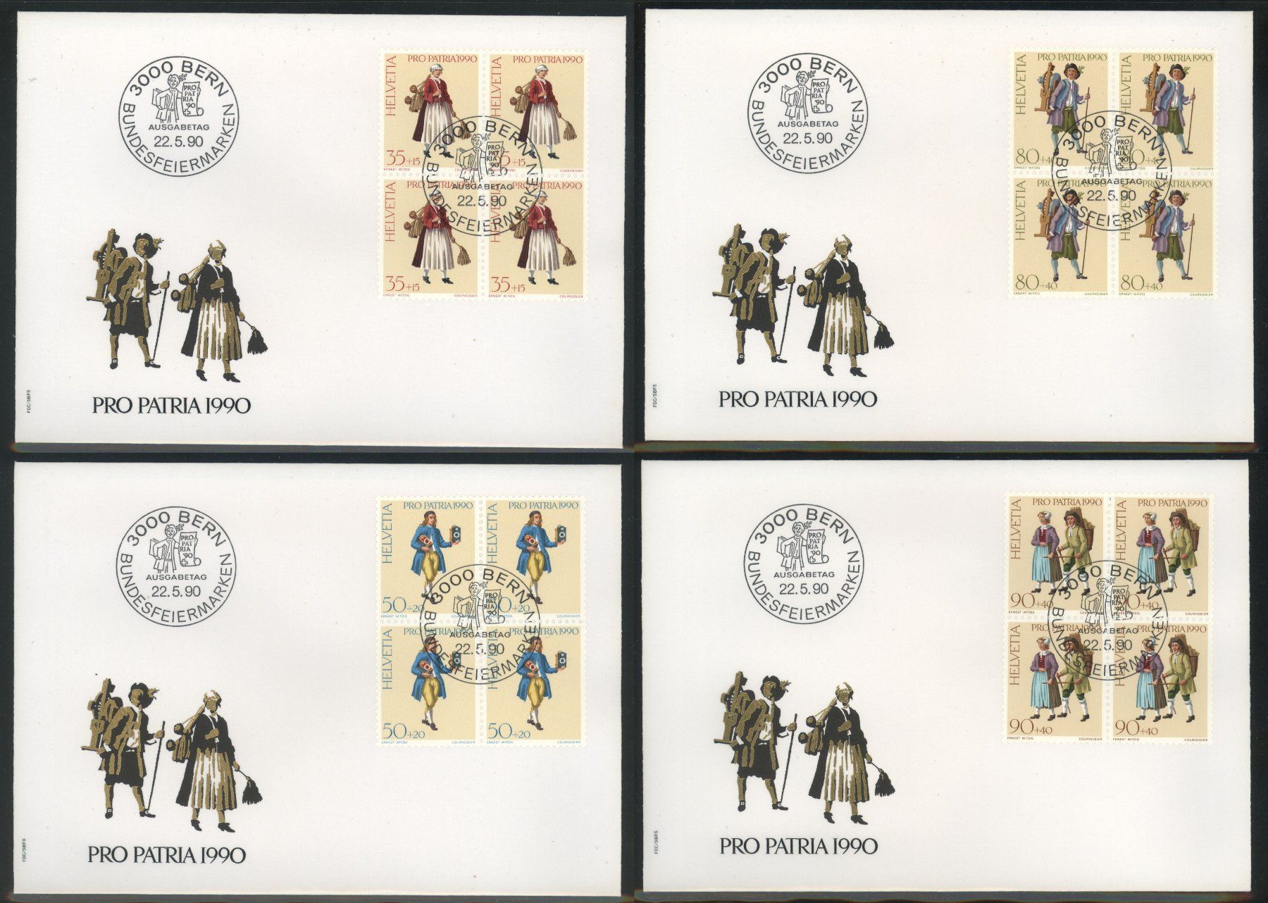 Tutti i francobolli: 1990, Pro Patria, FDC, Viererblöcke – Usato da Willisau venduto da Vollstempel