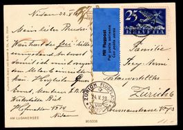 CH - Flugpost - Postkarte 1928 nach Zürich - Luganersee