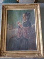 Gerahmtes Oelgemaelde "Dame mit Tee",  antik