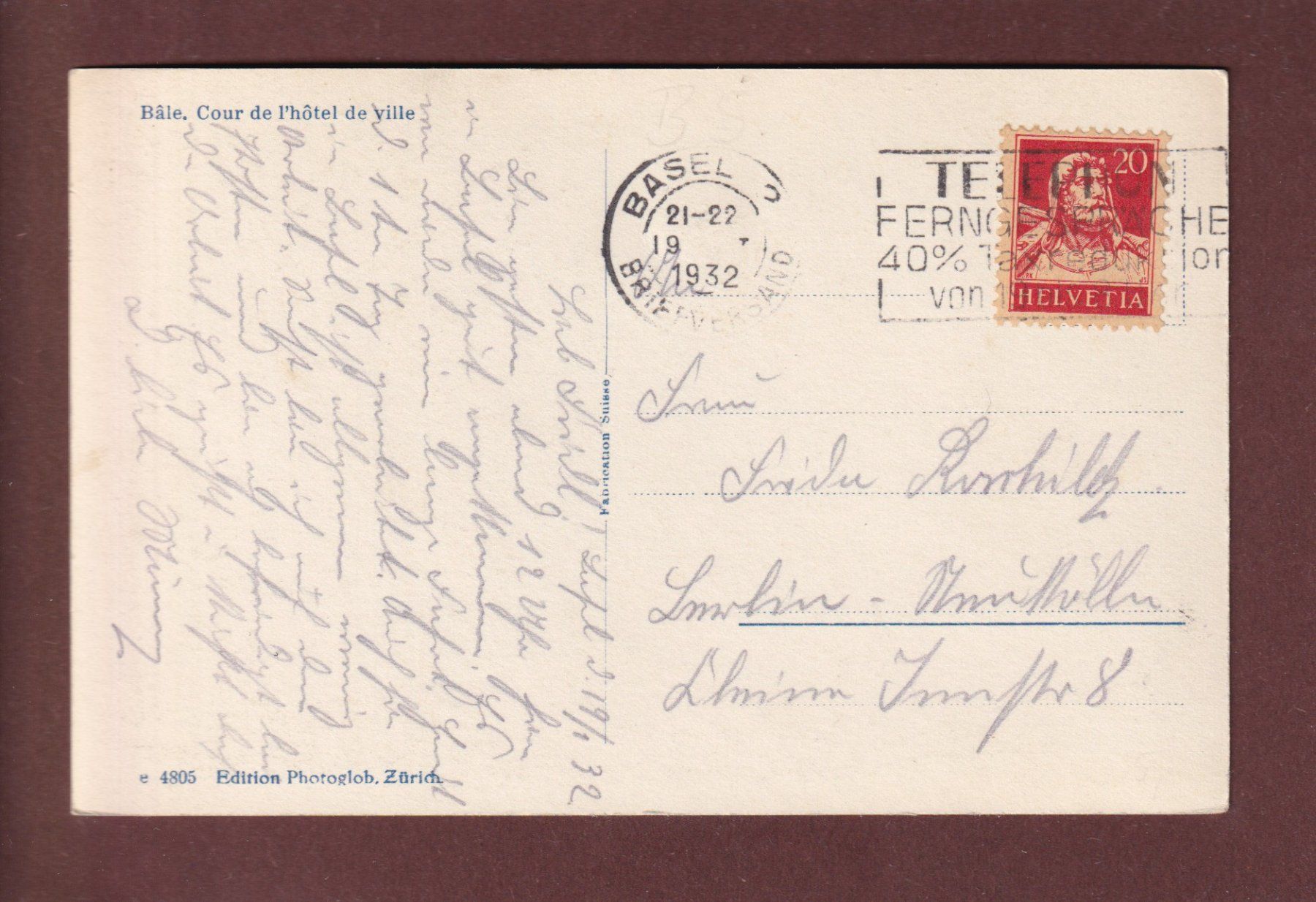 Cartoline postali: BASEL - Rathaus - Hofpartie - 1932 – Usato da Pully venduto da nicecards 1