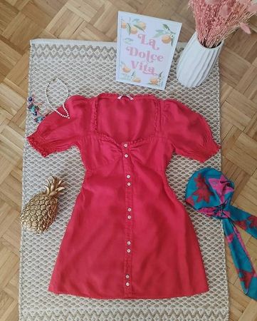 Sommerkleid Rot S 36 Leinen Puffärmel