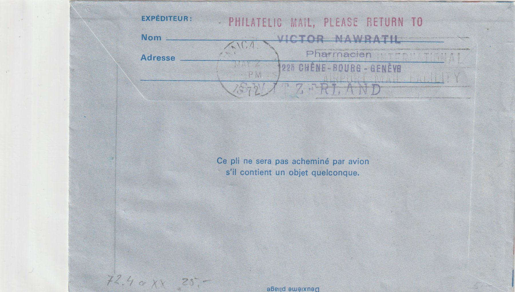 Tutti i francobolli: Flugpost-Aerogramm-Genf-New York-1972-Eilsendung – Usato da uttwil venduto da Koehlerfred 1