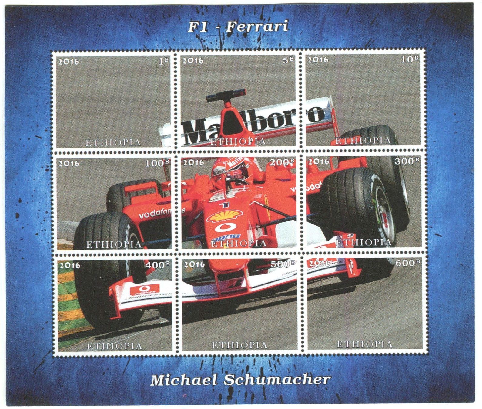 Tutti i francobolli: Block "Formel 1. Michael Schumacher". Äthiopien – Nuovo e nell'imballaggio originale da Basel venduto da Butsch5