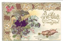Samt- + Seiden-Applikation  Neujahr viel Glück - Präge-Litho