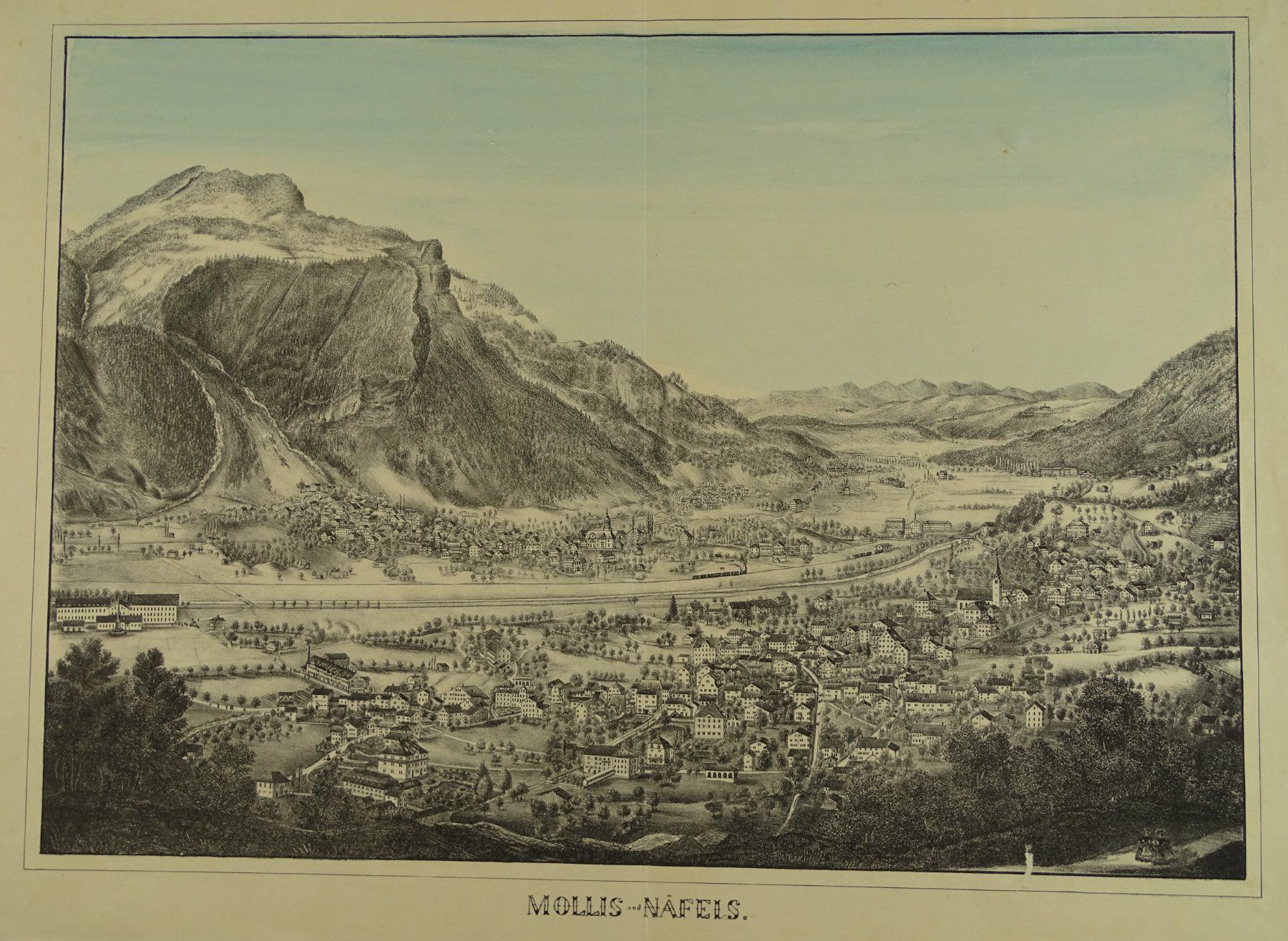 Stiche: MOLLIS & NÄFELS, GROSSE LITHOGRAPHIE UM 1880 – Gebraucht aus Grüningen von Kartensammler
