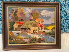 Wandbild Stickerei Mühle im Holzrahmen gebraucht
