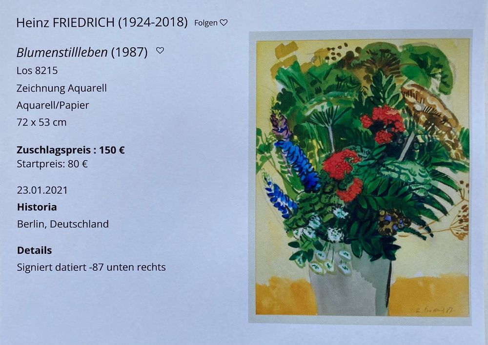 Grosses Aquarell Heinz FRIEDRICH 1924-2018 Deutscher Maler | Kaufen auf